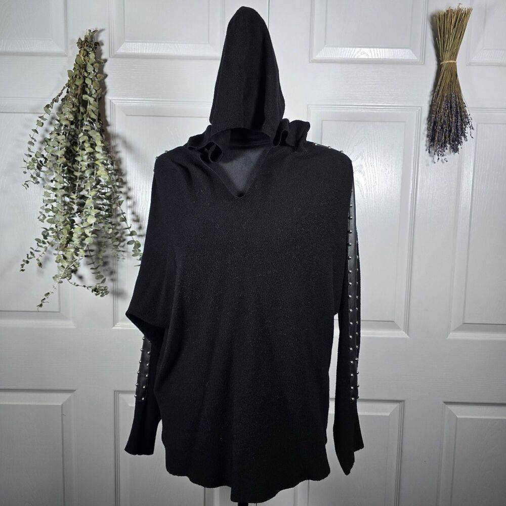 Sioni Milano Black Large Faux Leather Studded Hood Sweater Metal Festival Rocker